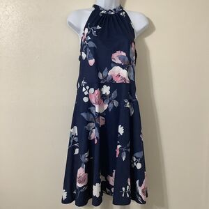 Navy Floral Beachy Summer Vacation Cruise Resort Tropical Casual Midi Dress S